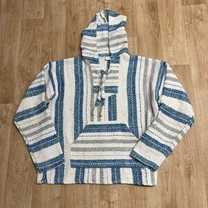MOLINA BAJA HOODIE DRUG RUG MEXICAN PONCHO HIPPIE SIZE S BLUE CREAM STRIPED